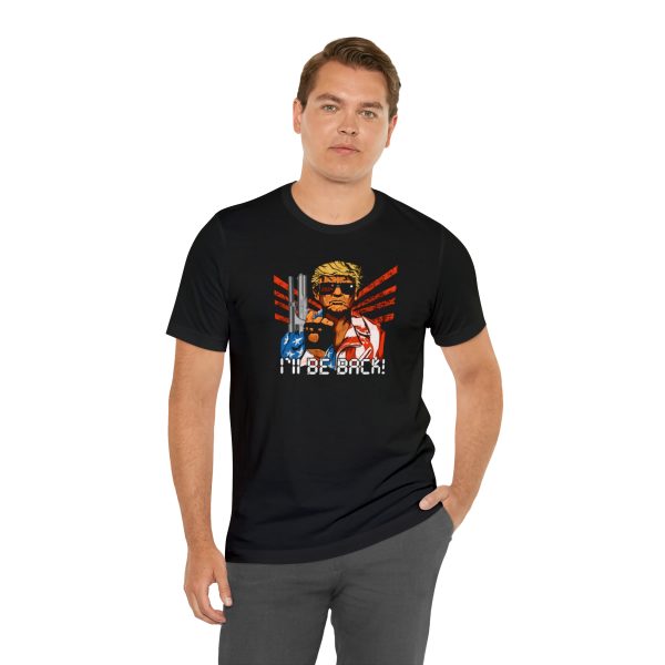 T-Shirt featuring Donald Trump as the Trumpinator saying "I'll Be Back" in 2024 as President!  Similar to the famous catch phrase of Arnold Schwarzenegger in the movie Terminator. Apparel, clothing, shirt.