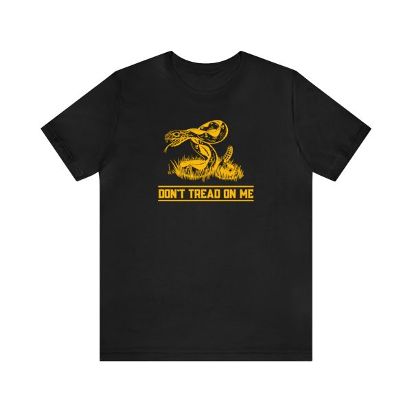 The Gadsden flag, the most popular symbol of the American Revolution, remains popular today as a symbol of defending liberty.  Our design features the phrase "Don't Tread On Me" and an intense rattlesnake ready to strike against modern day tyrants! Historical, 1776, T-Shirt, Tshirt, Tee, Shirt, Clothing, Clothes, Apparel
